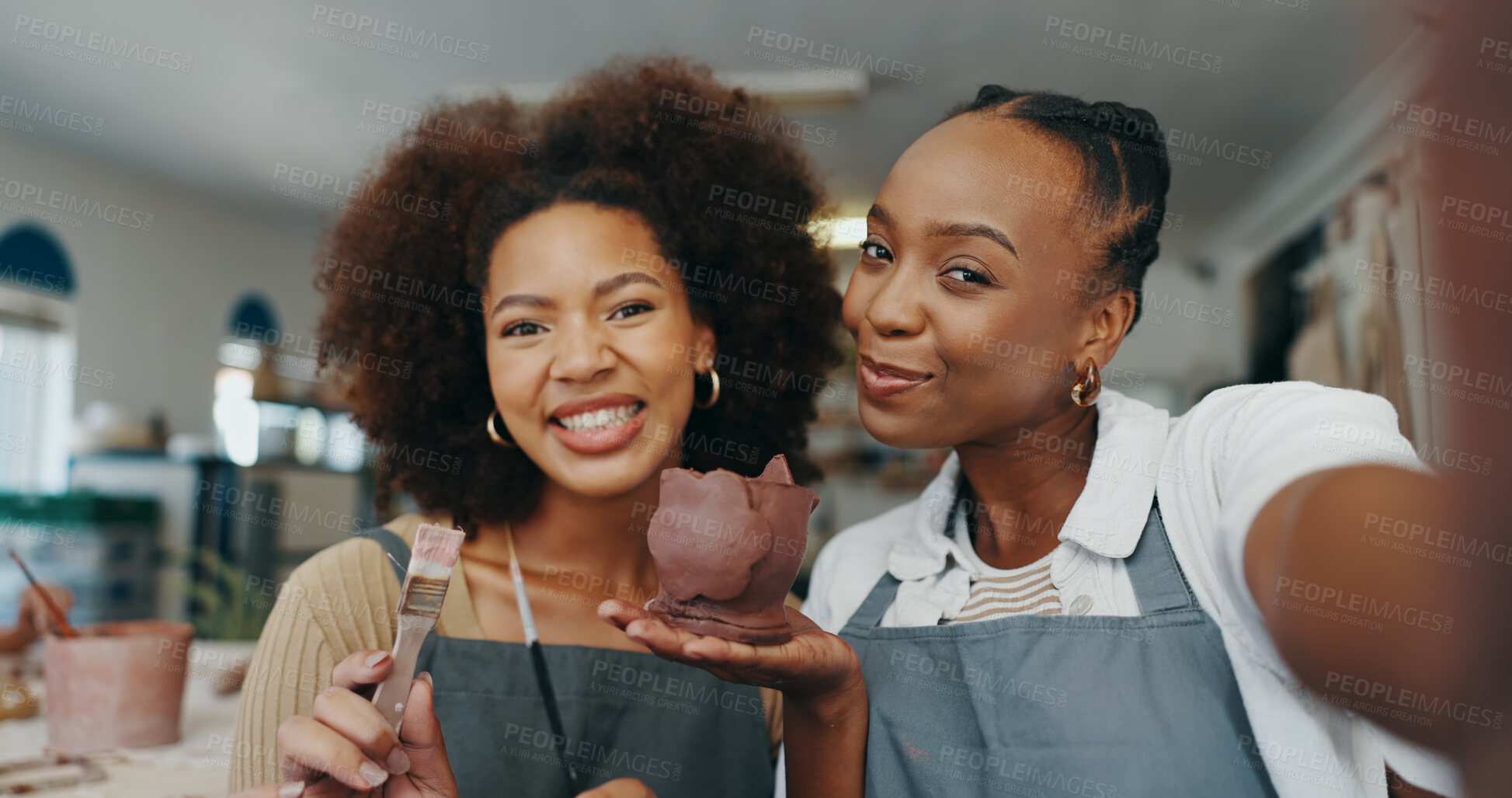 Buy stock photo Friends, selfie and pottery in clay studio, workshop and art process for handmade ceramic design. Craft, hobby and happy artist with woman, artwork and smile in creative class for sculpture learning