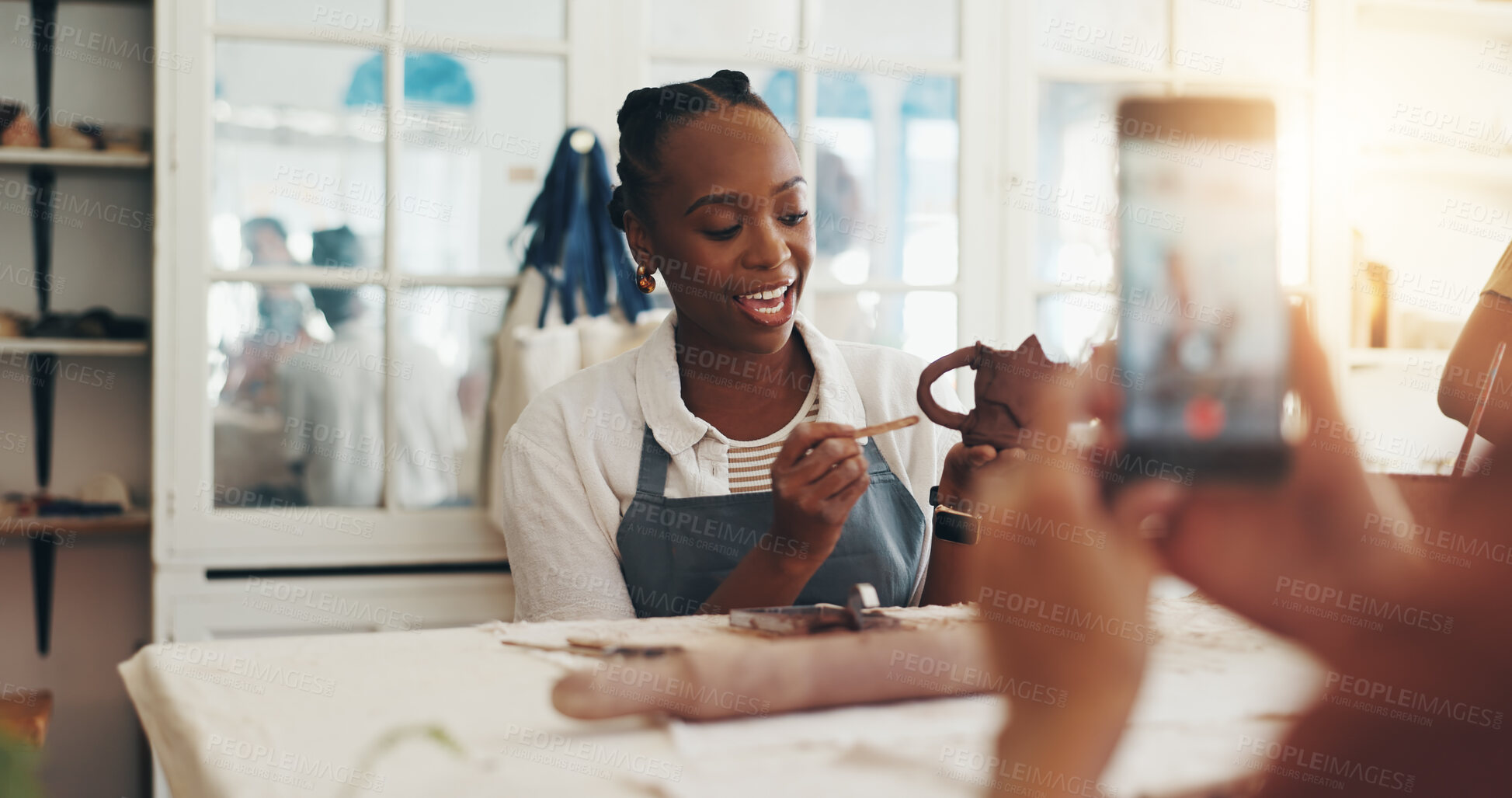 Buy stock photo Woman, vlog and pottery video in clay studio, workshop and art process for handmade ceramic design. Craft, hobby and artist with social media, post or painting in creative class for artwork sculpture