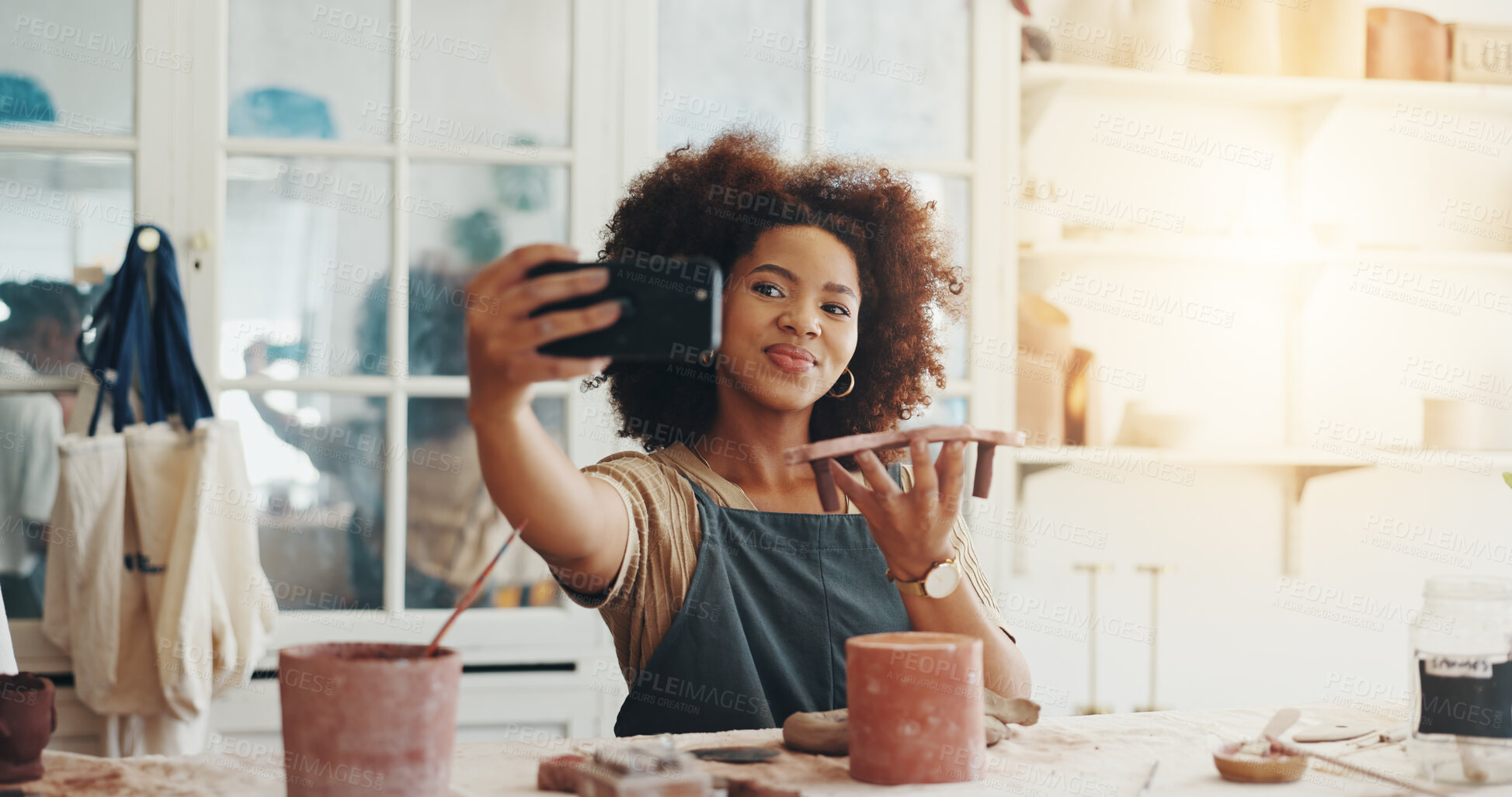 Buy stock photo Woman, selfie and ceramic in clay studio, workshop and art process for handmade pottery design. Craft, hobby and artist with project, artwork and social media post in creative class for sculpture
