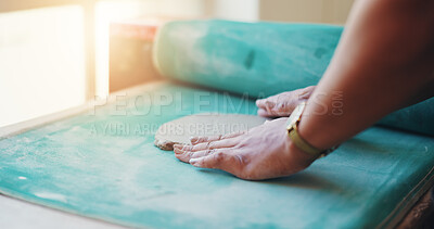 Buy stock photo Roll, clay and hands of person in studio for sculpture, manufacturing and artist workshop. Ceramics class, mold and creative design with closeup of artisan in handicraft store for mud and hobby