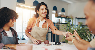 Buy stock photo Class, people and mentor with clay for pottery, development and creativity with learning in workshop. Smile, students and woman as teacher with sculpture, art design and teaching skills with ceramic