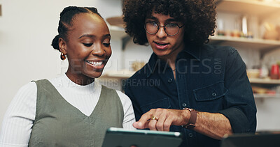 Buy stock photo Workshop, people or startup with tablet for pottery, design inspiration or verification for order. Small business, man or woman as ceramist with scroll for clay ecommerce, track inventory or teamwork