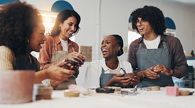 Buy stock photo Woman, pottery and teacher with group, happy or sculpture for art, development or process for results. People, coach and laugh for creativity, excited or learning with diversity in course at workshop