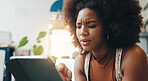 Confused, cafe and black woman on tablet for online notification, news and website review. Coffee shop, small business and unsure person on digital tech for inventory, report or service in restaurant