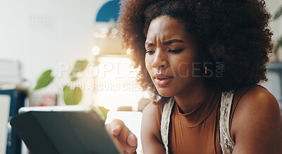 Buy stock photo Confused, cafe and black woman on tablet for online notification, news and website review. Coffee shop, small business and unsure person on digital tech for inventory, report or service in restaurant