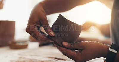 Buy stock photo Woman, hands and sculpting clay at workshop, design process and practice skills at studio. Professional, mold and carving textures for creativity, artist talent and development of ceramics crafts