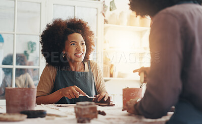 Buy stock photo Class, people and woman with clay for pottery, development and creative with learning in workshop. Process, student and teacher by flare with sculpture, mold art and lesson with teaching for skills