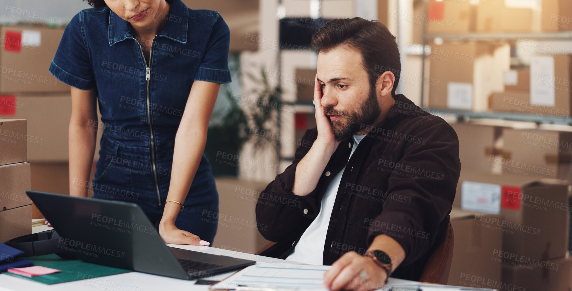 Buy stock photo Man, laptop and stress for logistics, boxes and mistake with order for lost stock and woman in warehouse. People, computer and supply chain management with distribution error at shipping storage