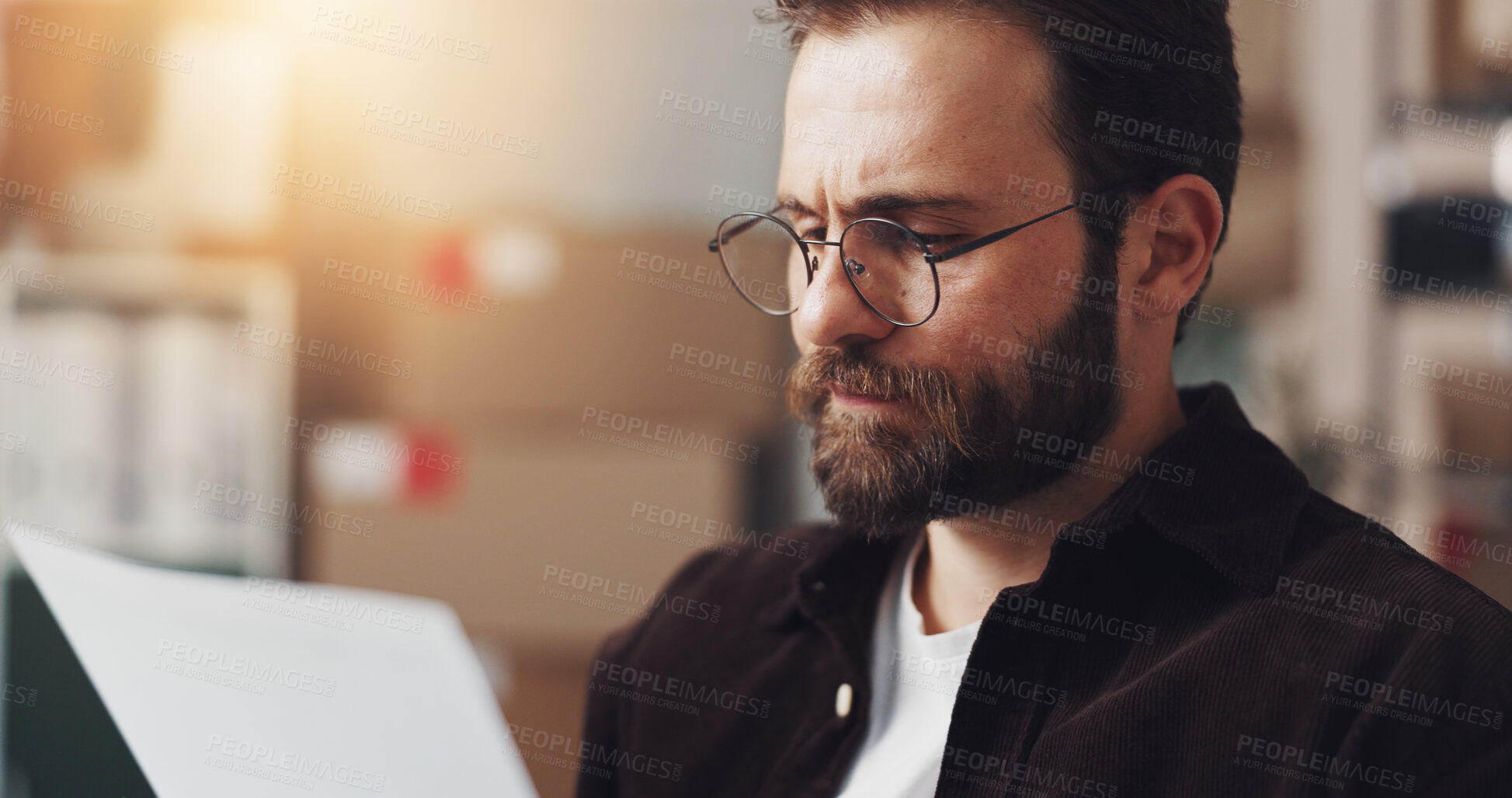 Buy stock photo Businessman, logistics and checking invoice with documents for shipping cost or delivery expense at warehouse. Man, distributor or financial analyst with budget for supply chain or freight at depot