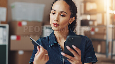Buy stock photo Woman, phone or online shopping with credit card for ecommerce, logistics or buying stock at warehouse. Female person, distributor or payment with debit or mobile smartphone for distribution business