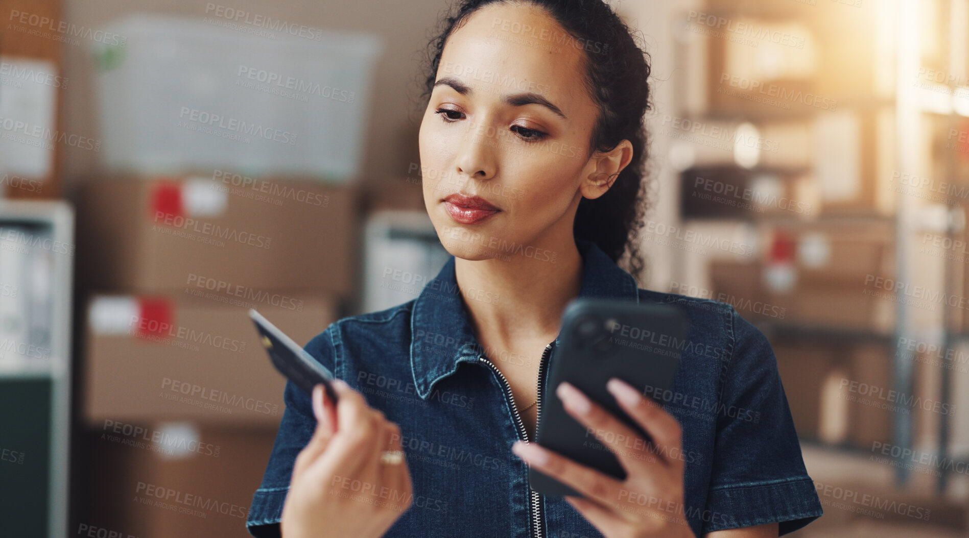 Buy stock photo Woman, phone or online shopping with credit card for ecommerce, logistics or buying stock at warehouse. Female person, distributor or payment with debit or mobile smartphone for distribution business