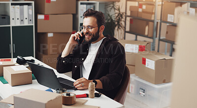 Buy stock photo Happy businessman, laptop or logistics with phone call for online order or customer service at storage warehouse. Man, distributor or employee talking with smile on mobile smartphone for distribution