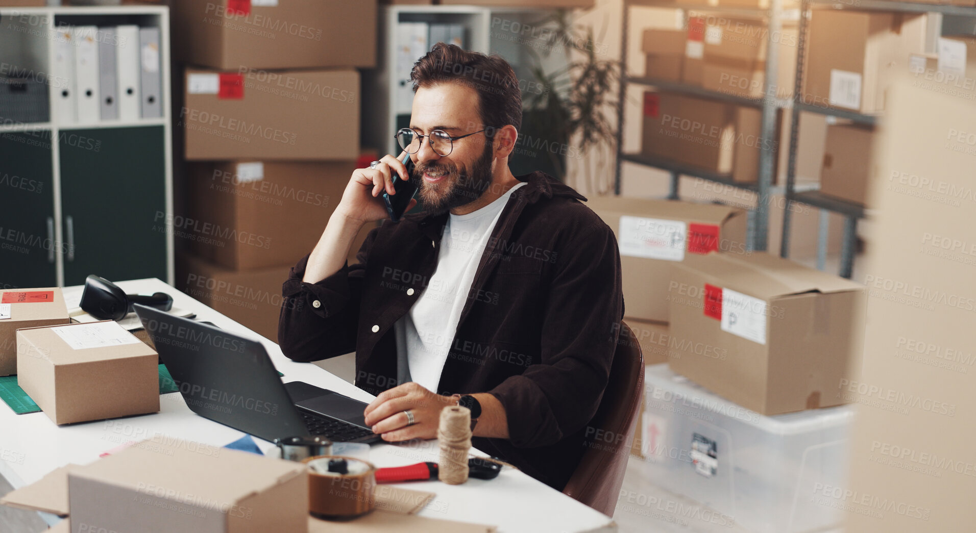 Buy stock photo Happy businessman, laptop or logistics with phone call for online order or customer service at storage warehouse. Man, distributor or employee talking with smile on mobile smartphone for distribution