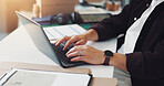 Person, hands or typing with laptop for logistics, checklist or checking online stock at warehouse. Closeup, distributor or employee with computer for inventory, distribution or delivery schedule