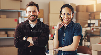 Buy stock photo Boxes, teamwork and portrait of business people for supply chain, delivery and logistics. Ecommerce, online shopping and man and woman with packages for distribution, shipping and courier service