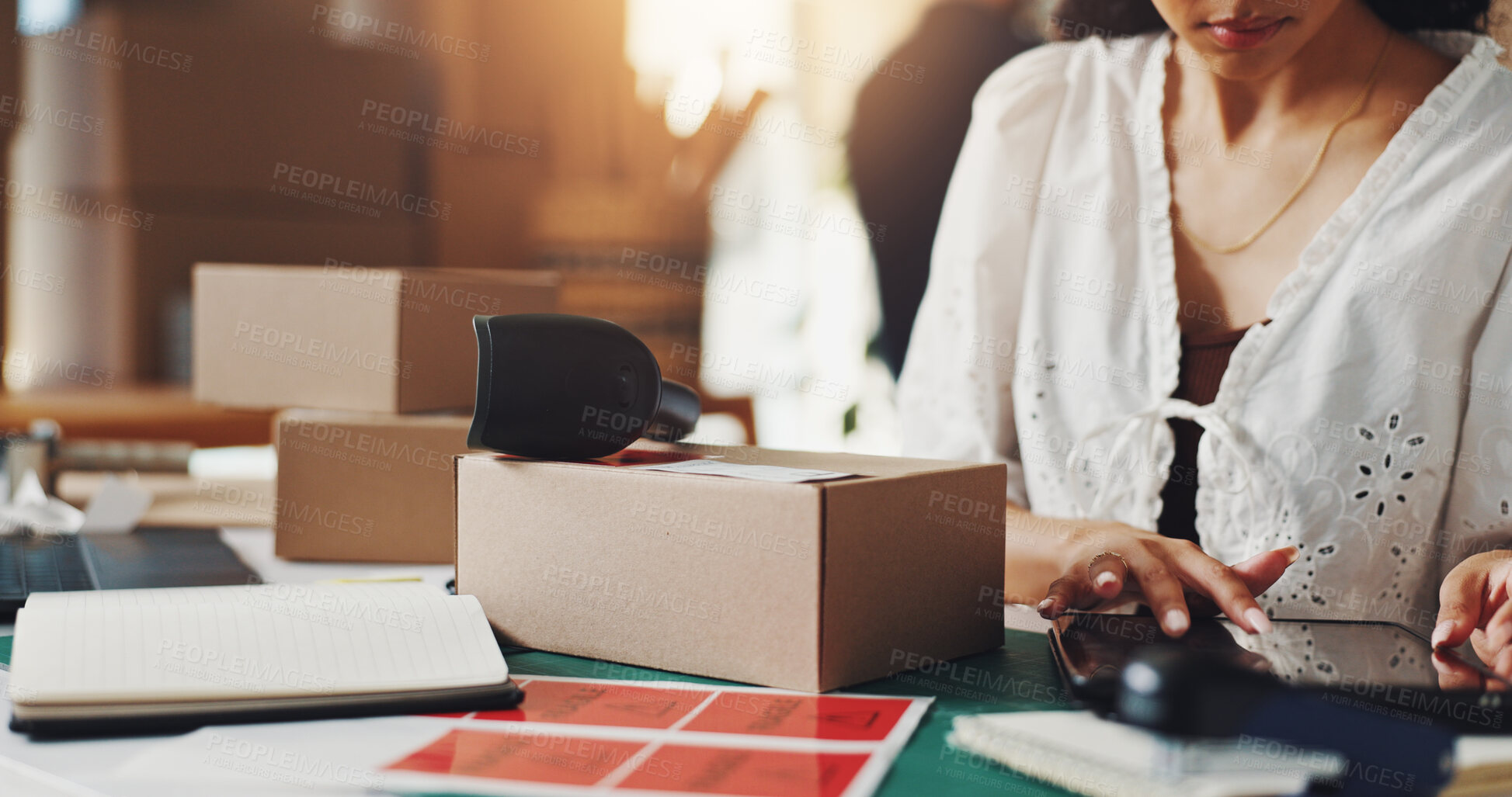 Buy stock photo Shipping, scan and woman with box on tablet for supply chain, distribution and delivery in factory. Digital tech, labels and person with packages for ecommerce production, logistics and online order