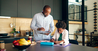 Buy stock photo Education, kid or father with tablet in home for elearning lesson, learning support or study. Black family, student or book for academic project, knowledge development or checking homework in kitchen