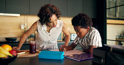 Buy stock photo Mother, homework and child learning in kitchen for education lesson, assessment and studying. African family, student and books with academic support, knowledge development and school project in home
