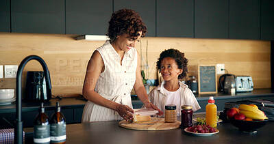 Buy stock photo Home, mother and child with sandwich for lunchbox, food preparation and bonding together in morning. African family, boy and mom with nutrition for eating, wellness and health with protein in kitchen