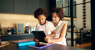 Buy stock photo Mother, homework and child learning with tablet in kitchen for online education, elearning assessment or helping. African family, student and home with lesson support, knowledge development and books