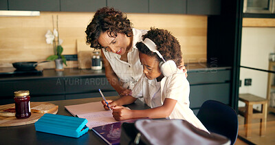 Buy stock photo Mom, homework or child learning with headphones in kitchen for academic podcast or math assignment. African family, student or books with lesson support, knowledge development or study audio in home