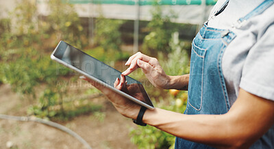Buy stock photo Farm, tablet and hands of woman in greenhouse with plants for growth, sustainability and harvesting crops. Agriculture, nature and farmer on digital tech for environment, health and online inspection