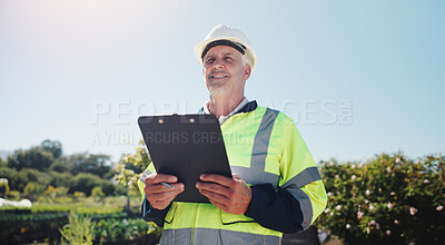 Buy stock photo Outdoor, engineer and man with clipboard for construction, project development and maintenance idea. Smile, business person and mature architect with checklist for inspection, industrial and thinking