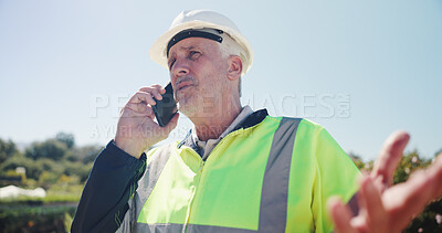 Buy stock photo Engineer, man and talking with phone call outdoor for irrigation system mistake and safety standard fail. Agricultural management, mature person and frustrated with contact for water control issue