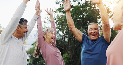 Buy stock photo Fitness, senior people and happy with high five for support, celebration or outdoor together with smile. Nature, retirement and friends with hands for solidarity, exercise goal or motivation by flare