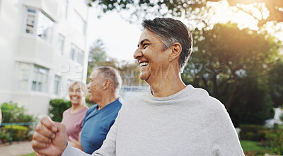 Buy stock photo Senior man, exercise and group in garden at retirement village, health and fitness class in morning. People, happy and workout with diversity, excited and ready for training in summer for wellness