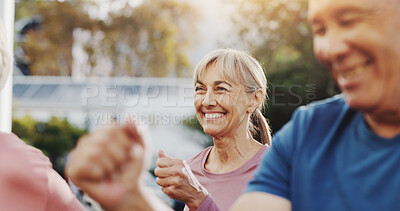 Buy stock photo Senior woman, exercise and group in garden at retirement village, health and fitness class in morning. Elderly people, workout and together outdoor for cardio training, excited and wellness in summer