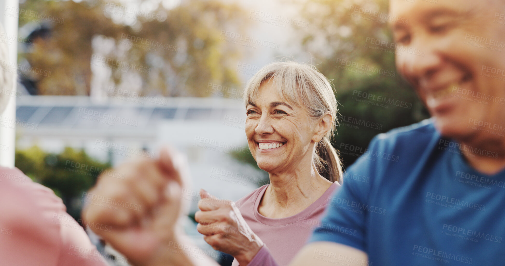 Buy stock photo Senior woman, exercise and group in garden at retirement village, health and fitness class in morning. Elderly people, workout and together outdoor for cardio training, excited and wellness in summer