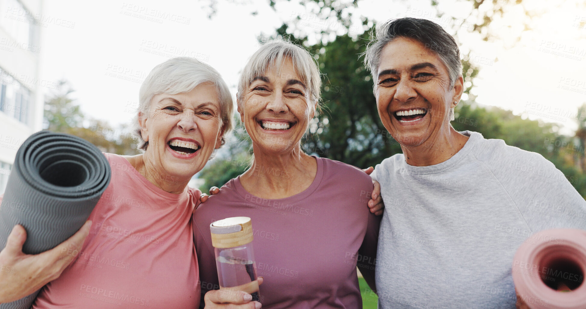 Buy stock photo Senior women, friends and happy with exercise, hug and portrait at park, garden and summer with bonding. Elderly group, people and smile with embrace for fitness, training and workout in sunshine