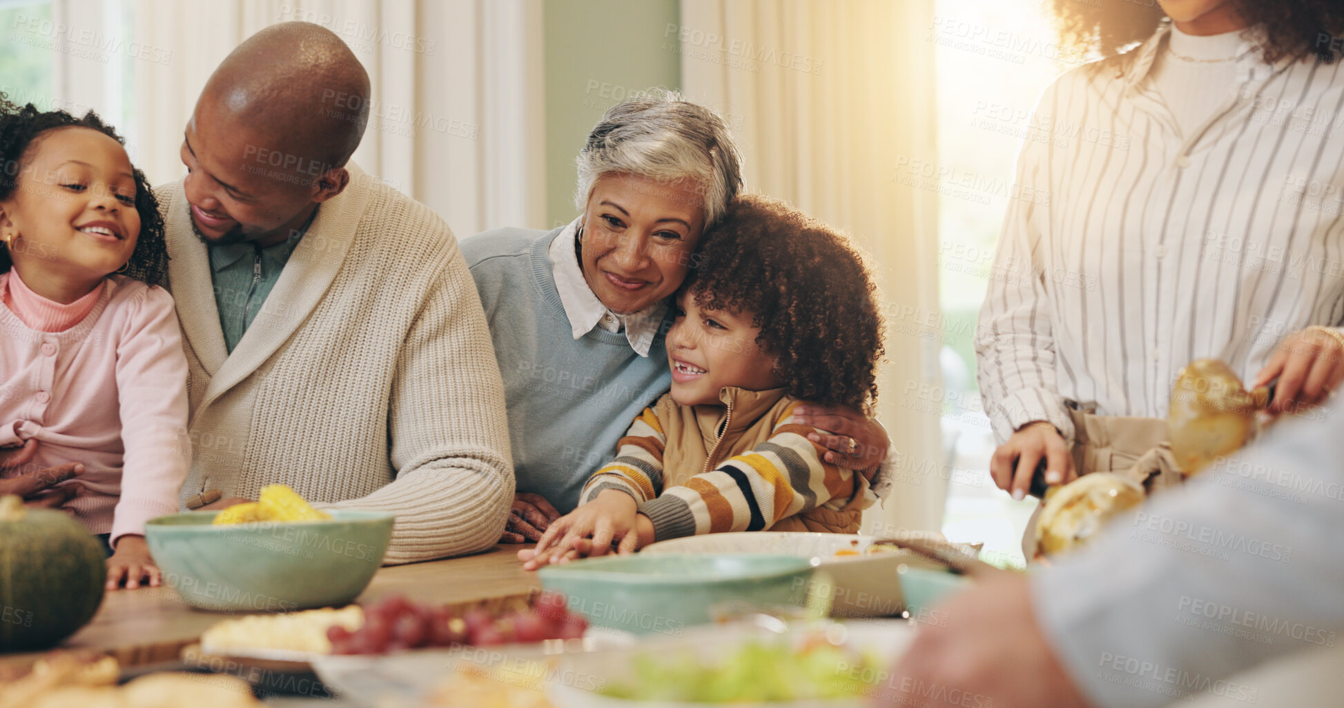 Buy stock photo Parents, grandparents and kids with dinner in home for social gathering, celebration and reunion hug. People, food or bonding at dining table for holiday tradition, lunch feast or connection in house