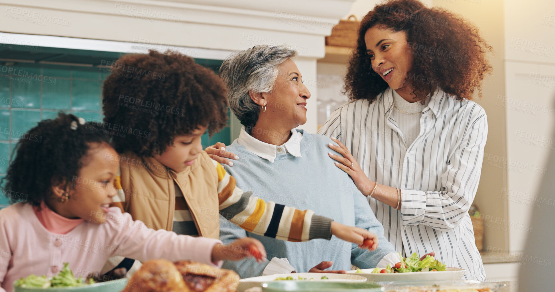 Buy stock photo Mother and daughter, kids and bonding with dinner in home for social gathering, celebration and food feast. People, happy and conversation for holiday tradition, lunch event and connection in house