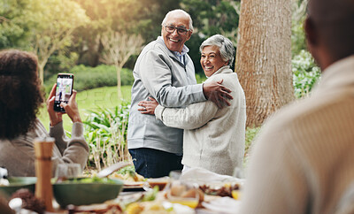Buy stock photo Old couple, dancing and outdoor phone for photography, recording passion and love in relationship. Happy people, nature and capture memory of romance in marriage, social media and family easter party