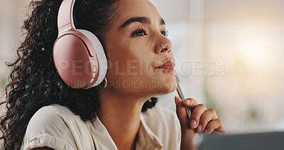 Buy stock photo Student, thinking and woman with headphones on laptop in home for research project, assignment and test. University, college and person for online education, virtual course and distance learning