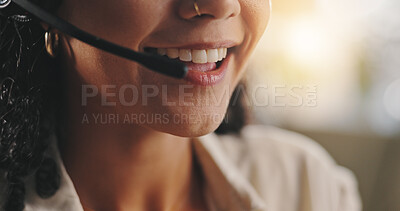 Buy stock photo Office, woman and mouth with microphone for call center, customer information and consultant. Telemarketing, business and female agent with headset for feedback, sales support and service for client