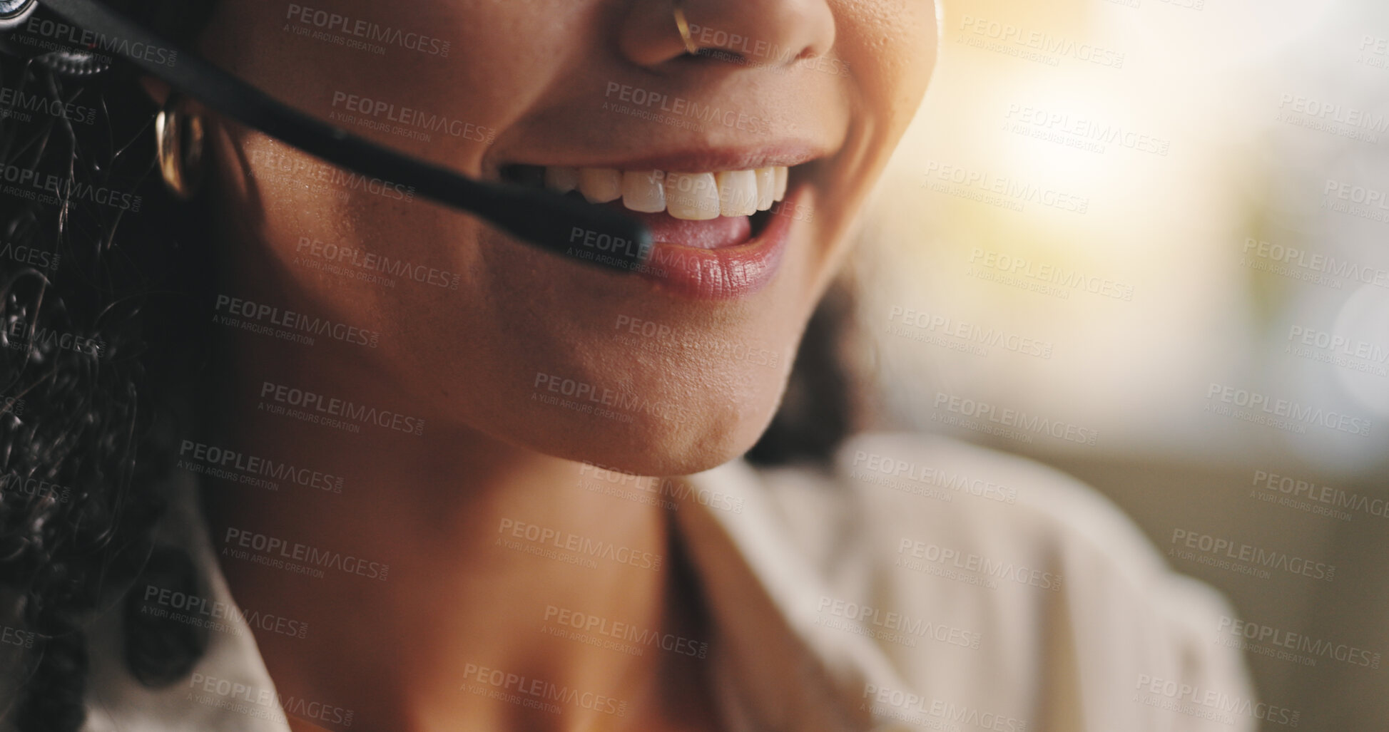 Buy stock photo Office, woman and mouth with microphone for call center, customer information and consultant. Telemarketing, business and female agent with headset for feedback, sales support and service for client