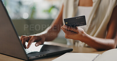 Buy stock photo Credit card, laptop and hands of person in home for online shopping, internet purchase and student payment. Ecommerce, fintech and girl on computer for application fee, scholarship or college funding