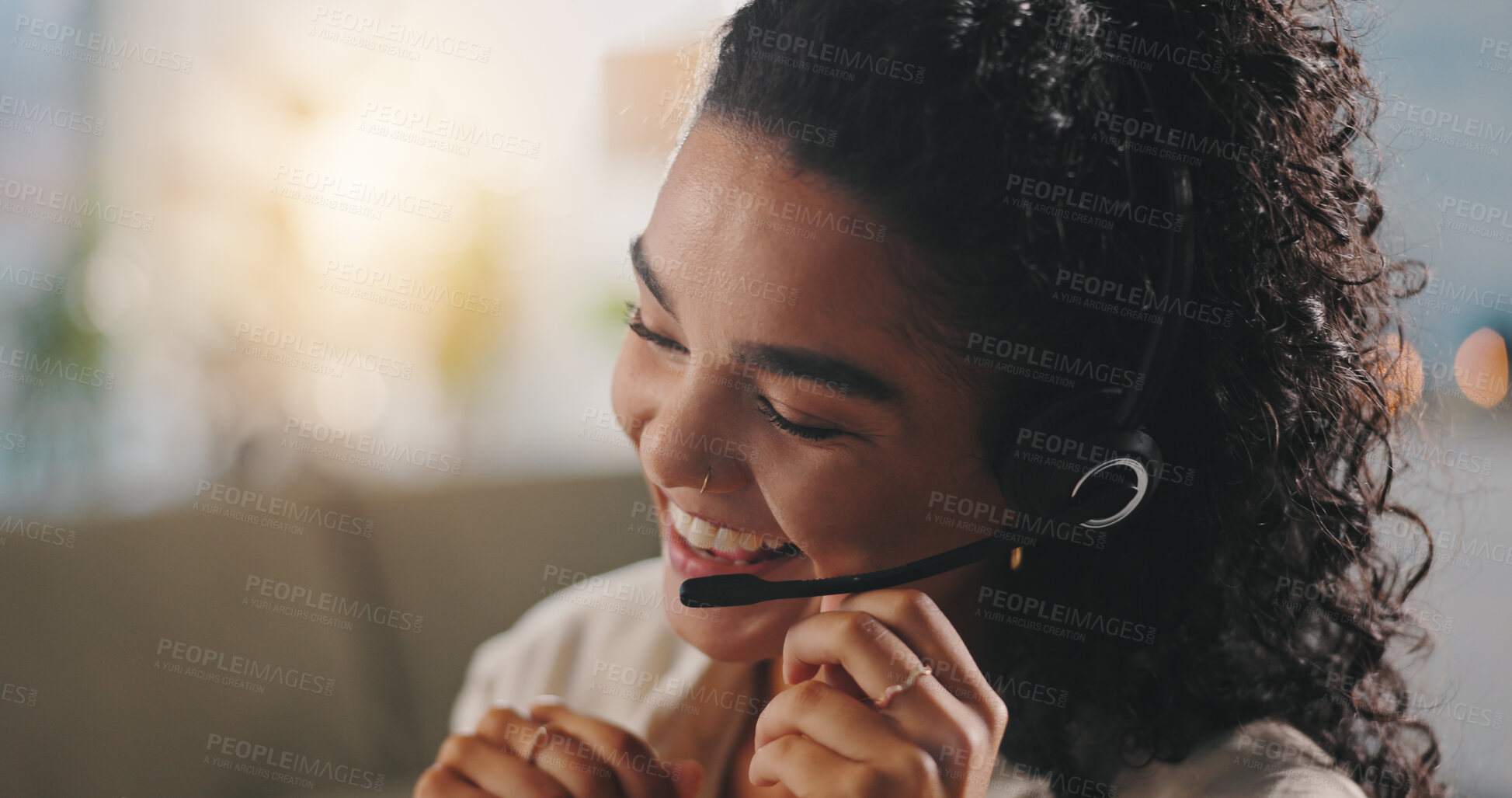Buy stock photo Office, woman and laughing with microphone for call center, customer information and consultant. Telemarketing, business and female agent with headset for feedback, sales support and joke with client