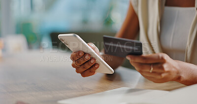 Buy stock photo Credit card, phone and hands of person in home for online shopping, internet purchase and payment. Ecommerce, fintech and woman on smartphone typing password for website sale, savings and banking
