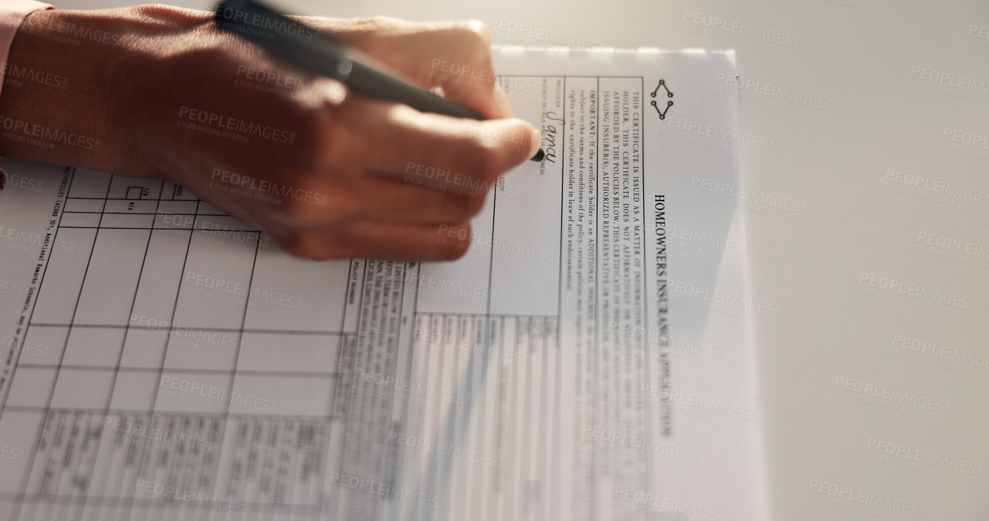 Buy stock photo Form, paperwork or hands writing on application for homeowner insurance, legal agreement or personal info. Closeup, person or policy documents for validation, home registration or mortgage protection