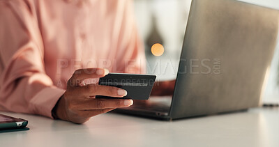 Buy stock photo Business, hands and woman with laptop, credit card and fintech with transactions. Person, online banking and entrepreneur with pc, payment and digital app for password protection and trading money