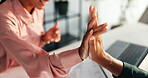 High five, success and teamwork with hands of business people for solidarity, profit bonus and achievement. Celebration, meeting and partnership with closeup of employees in office for support