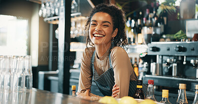 Buy stock photo Cafe, happy woman and portrait with arms crossed for small business, hospitality and alcohol with smile. Pub, female person or bartender with confidence for customer service, restaurant or experience