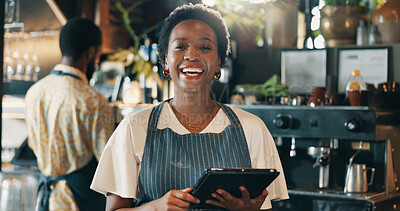 Buy stock photo Small business, happy woman and portrait with tablet for cafe, hospitality and tracking stock. Coffee shop, female person and barista with digital for customer service, retail store and online order