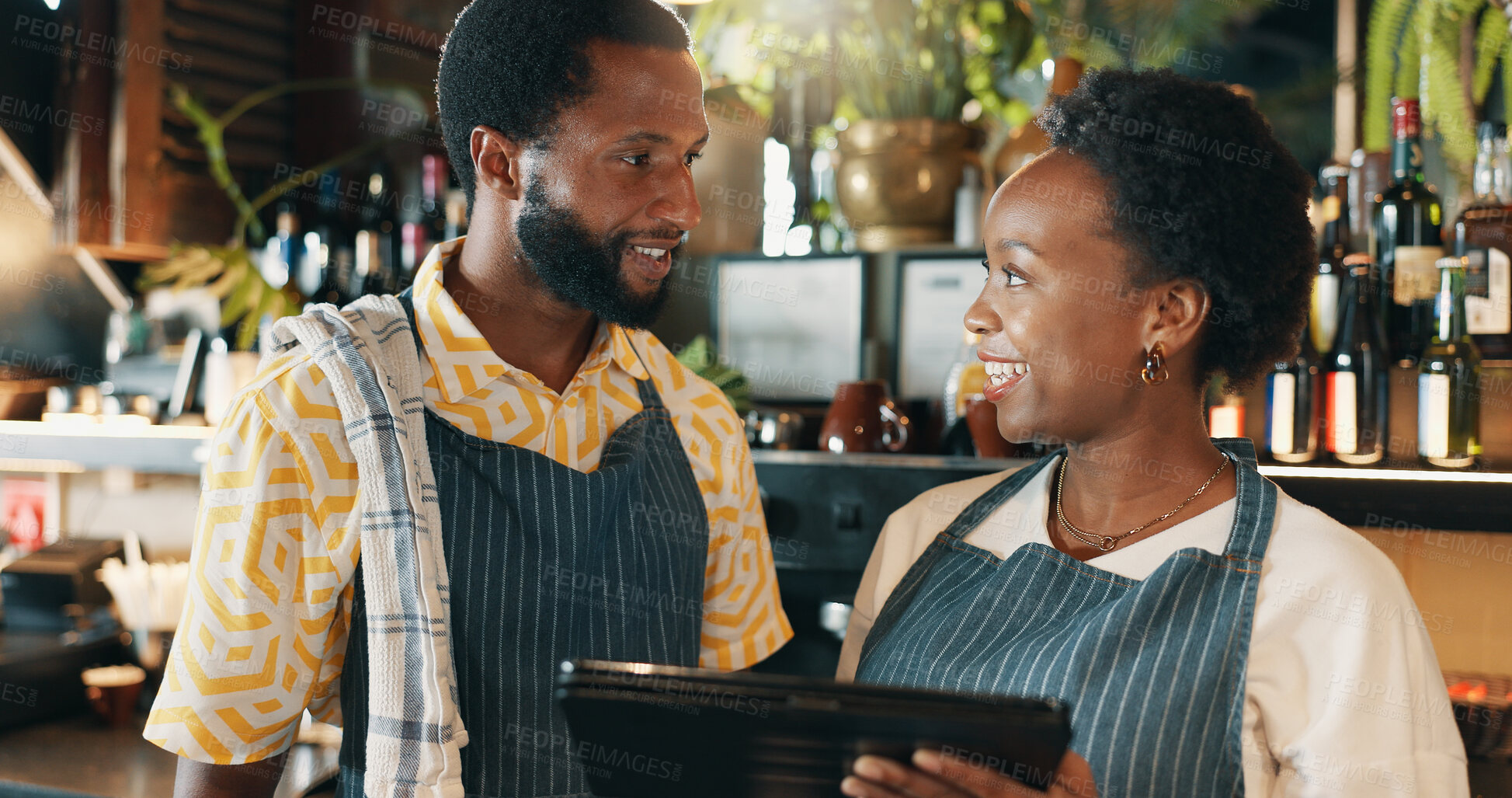 Buy stock photo Restaurant, meeting and people on tablet for training for inventory, menu items and checklist by hotel. Alcohol, business and man and woman on digital tech for hospitality, service and online order