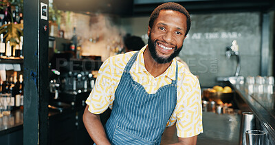 Buy stock photo Portrait, barista and black man with apron, confidence and happiness with skills, business owner and pride. Face, employee and African person in restaurant, friendly service or hospitality with smile