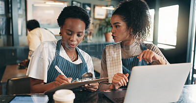 Buy stock photo Laptop, team and writing with people in cafe for product inventory, supplier contact and budget discussion. Menu discounts, list and small business owner with employee and clipboard in coffee shop